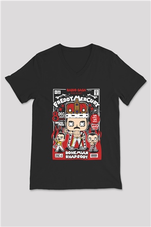 Freddy Mercury Baskılı Unisex Siyah V Yaka Tişört