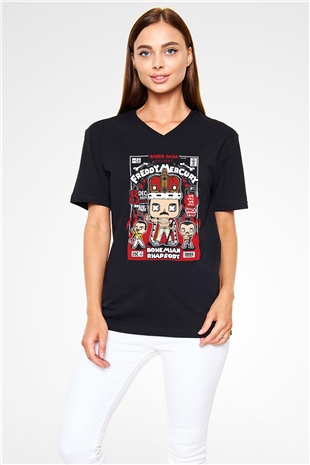 Freddy Mercury Baskılı Unisex Siyah V Yaka Tişört