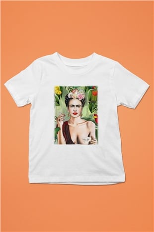 Frida Kahlo Baskılı Beyaz Unisex Çocuk Tişört