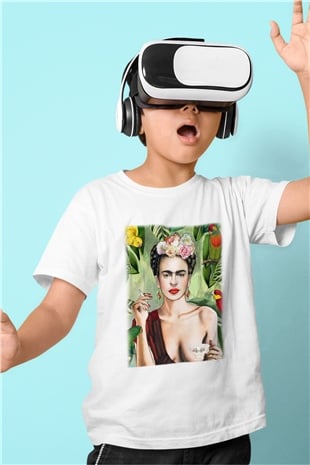 Frida Kahlo Baskılı Beyaz Unisex Çocuk Tişört