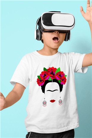 Frida Kahlo Baskılı Beyaz Unisex Çocuk Tişört