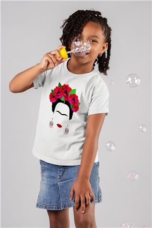 Frida Kahlo Baskılı Beyaz Unisex Çocuk Tişört