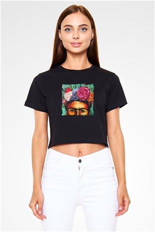 Frida Kahlo Baskılı Siyah Kadın Crop Top Tişört