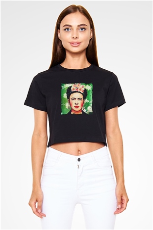 Frida Kahlo Baskılı Siyah Kadın Crop Top Tişört