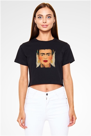 Frida Kahlo Baskılı Siyah Kadın Crop Top Tişört