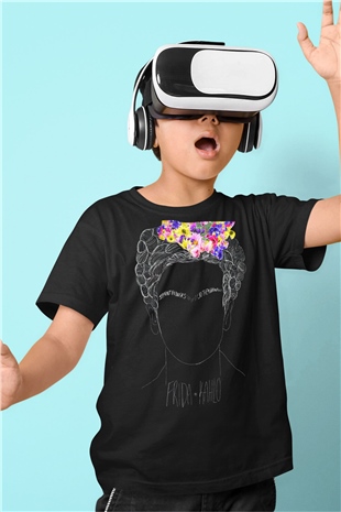 Frida Kahlo Baskılı Siyah Unisex Çocuk Tişört