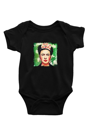 Frida Kahlo Baskılı Unisex Siyah Bebek Body - Zıbın