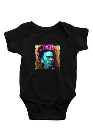 Frida Kahlo Baskılı Unisex Siyah Bebek Body - Zıbın