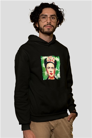 Frida Kahlo Baskılı Unisex Siyah Hoodie