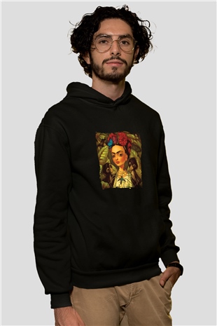 Frida Kahlo Baskılı Unisex Siyah Hoodie