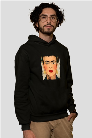Frida Kahlo Baskılı Unisex Siyah Hoodie