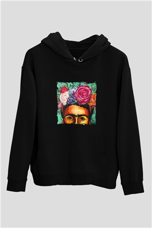Frida Kahlo Baskılı Unisex Siyah Hoodie