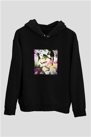Frida Kahlo Baskılı Unisex Siyah Hoodie