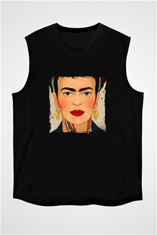 Frida Kahlo Baskılı Unisex Siyah Kolsuz Tişört