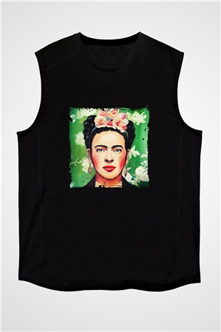 Frida Kahlo Baskılı Unisex Siyah Kolsuz Tişört