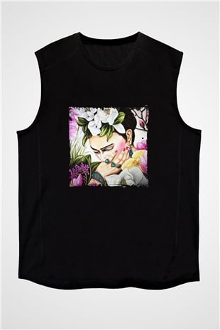 Frida Kahlo Baskılı Unisex Siyah Kolsuz Tişört