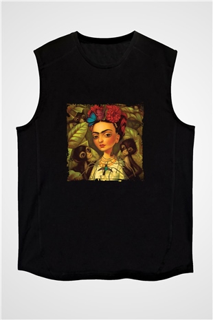 Frida Kahlo Baskılı Unisex Siyah Kolsuz Tişört