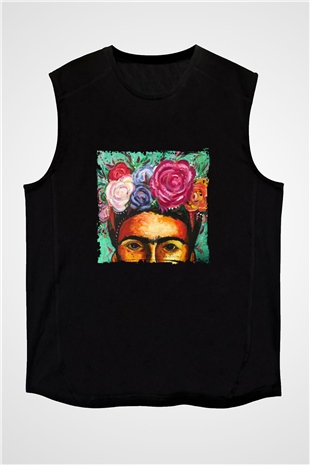 Frida Kahlo Baskılı Unisex Siyah Kolsuz Tişört