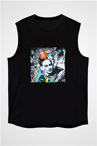 Frida Kahlo Baskılı Unisex Siyah Kolsuz Tişört