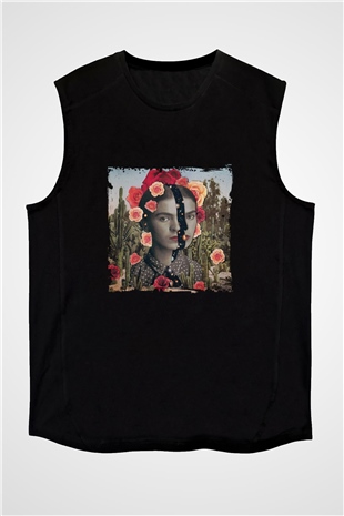 Frida Kahlo Baskılı Unisex Siyah Kolsuz Tişört