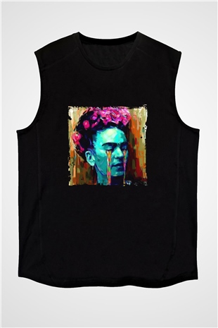 Frida Kahlo Baskılı Unisex Siyah Kolsuz Tişört