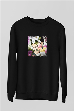 Frida Kahlo Baskılı Unisex Siyah Sweatshirt