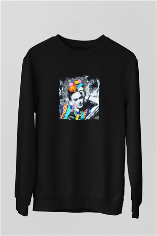 Frida Kahlo Baskılı Unisex Siyah Sweatshirt