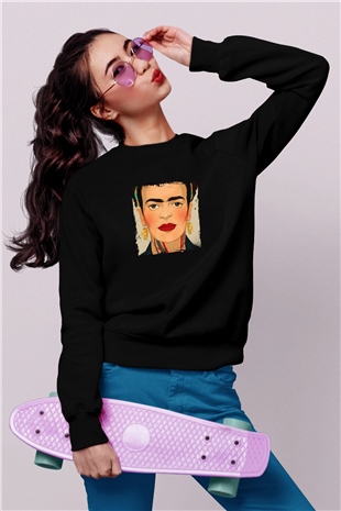 Frida Kahlo Baskılı Unisex Siyah Sweatshirt