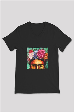 Frida Kahlo Baskılı Unisex Siyah V Yaka Tişört