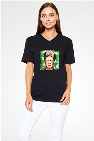 Frida Kahlo Baskılı Unisex Siyah V Yaka Tişört