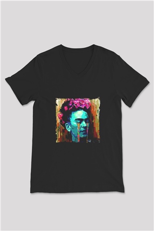 Frida Kahlo Baskılı Unisex Siyah V Yaka Tişört