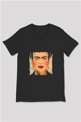 Frida Kahlo Baskılı Unisex Siyah V Yaka Tişört