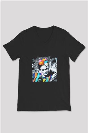 Frida Kahlo Baskılı Unisex Siyah V Yaka Tişört