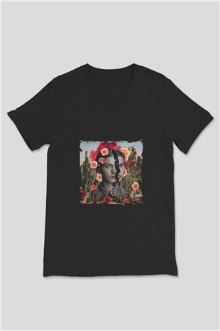 Frida Kahlo Baskılı Unisex Siyah V Yaka Tişört