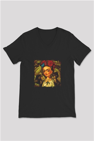 Frida Kahlo Baskılı Unisex Siyah V Yaka Tişört
