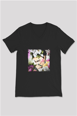 Frida Kahlo Baskılı Unisex Siyah V Yaka Tişört