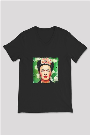 Frida Kahlo Baskılı Unisex Siyah V Yaka Tişört
