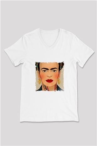 Frida Kahlo Baskılı V Yaka Unisex Beyaz Tişört