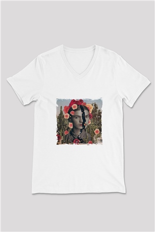 Frida Kahlo Baskılı V Yaka Unisex Beyaz Tişört