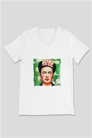 Frida Kahlo Baskılı V Yaka Unisex Beyaz Tişört