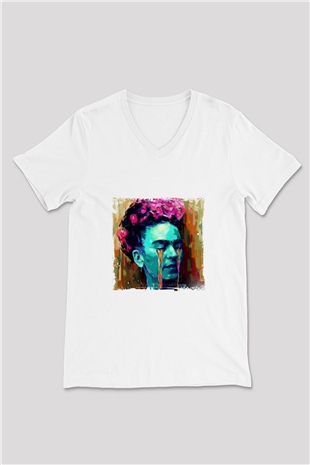 Frida Kahlo Baskılı V Yaka Unisex Beyaz Tişört