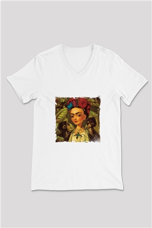 Frida Kahlo Baskılı V Yaka Unisex Beyaz Tişört