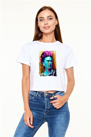 Frida Kahlo Beyaz Croptop Tişört
