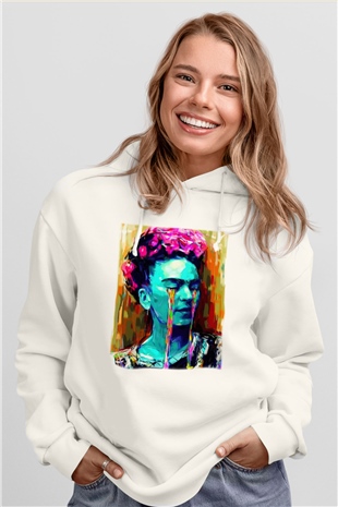 Frida Kahlo Beyaz Unisex Kapşonlu Sweatshirt