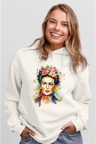 Frida Kahlo Beyaz Unisex Kapşonlu Sweatshirt