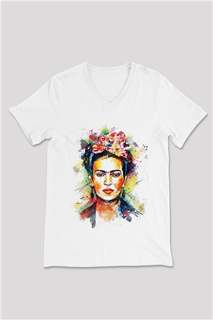 Frida Kahlo Beyaz Unisex V Yaka Tişört T-Shirt