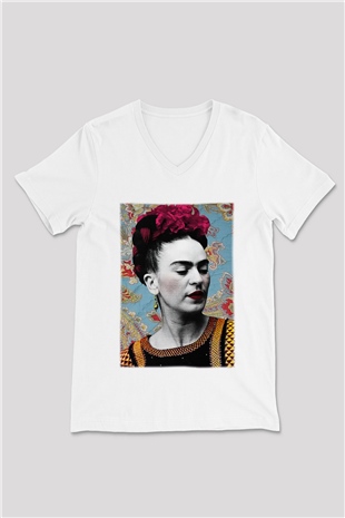 Frida Kahlo Beyaz Unisex V Yaka Tişört T-Shirt