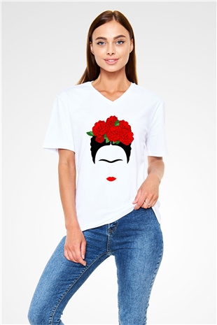 Frida Kahlo Beyaz Unisex V Yaka Tişört T-Shirt