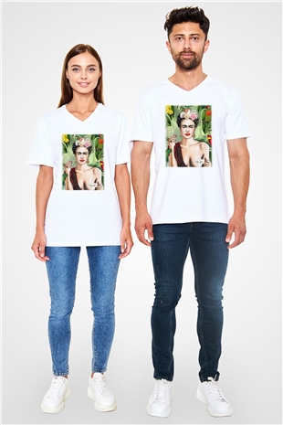 Frida Kahlo Beyaz Unisex V Yaka Tişört T-Shirt