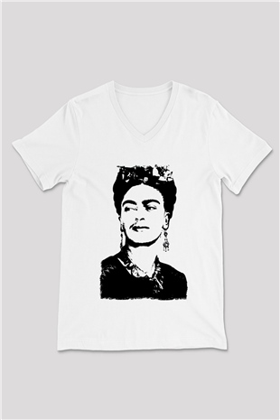 Frida Kahlo Beyaz Unisex V Yaka Tişört